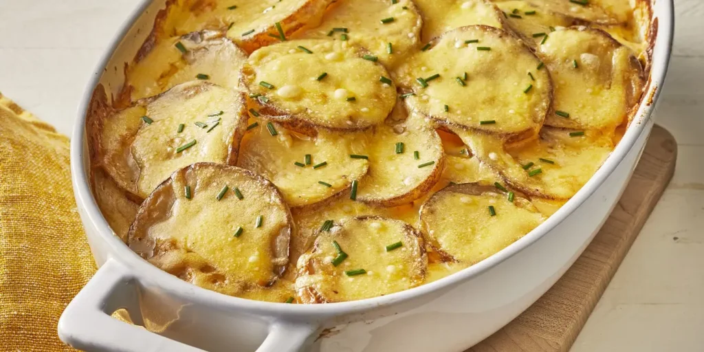 Close-up-view-of-a-classic-potato-gratin-topped-with-melted-cheese-and-fresh-chives,-served-in-a-white-baking-dish.