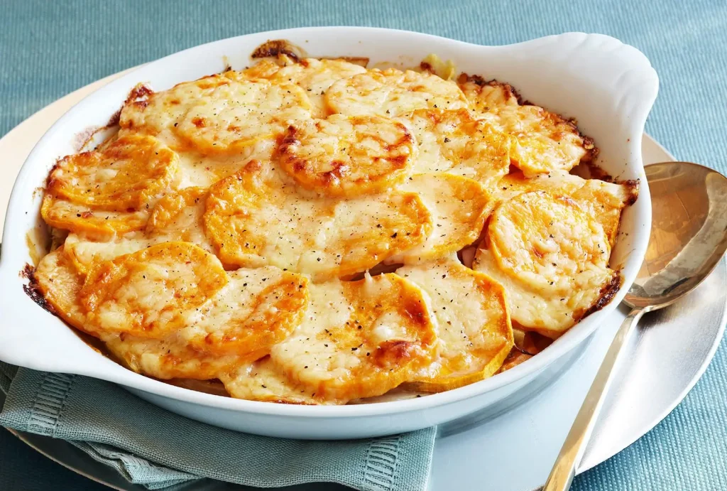 A-baked-sweet-potato-gratin-in-a-white-dish,-topped-with-melted-cheese-and-a-spoon-beside-it.