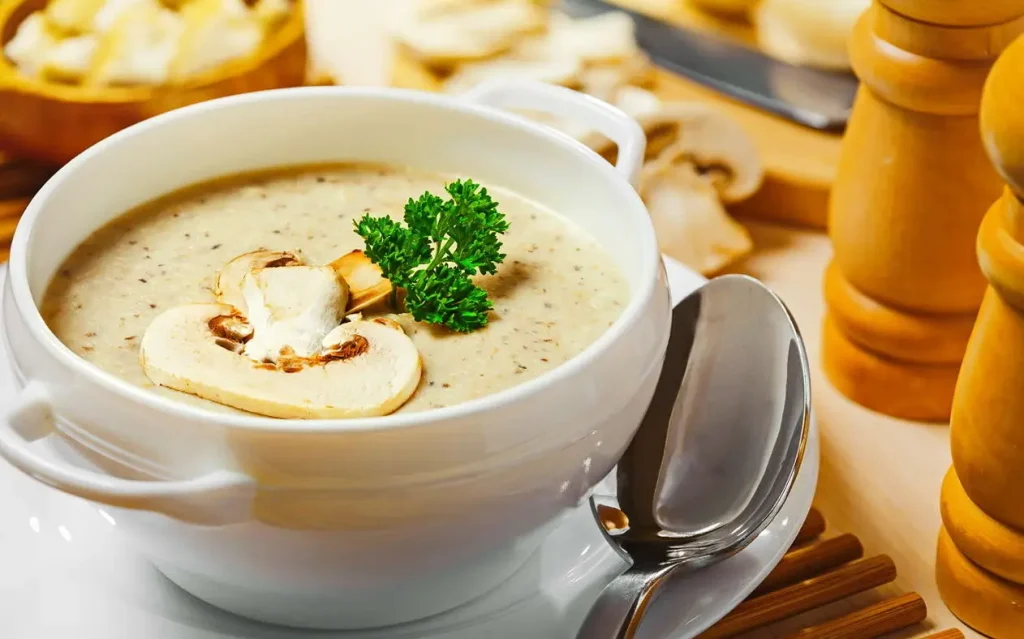 A bowl of creamy mushroom soup with sliced mushrooms, parsley, and a spoon on the side